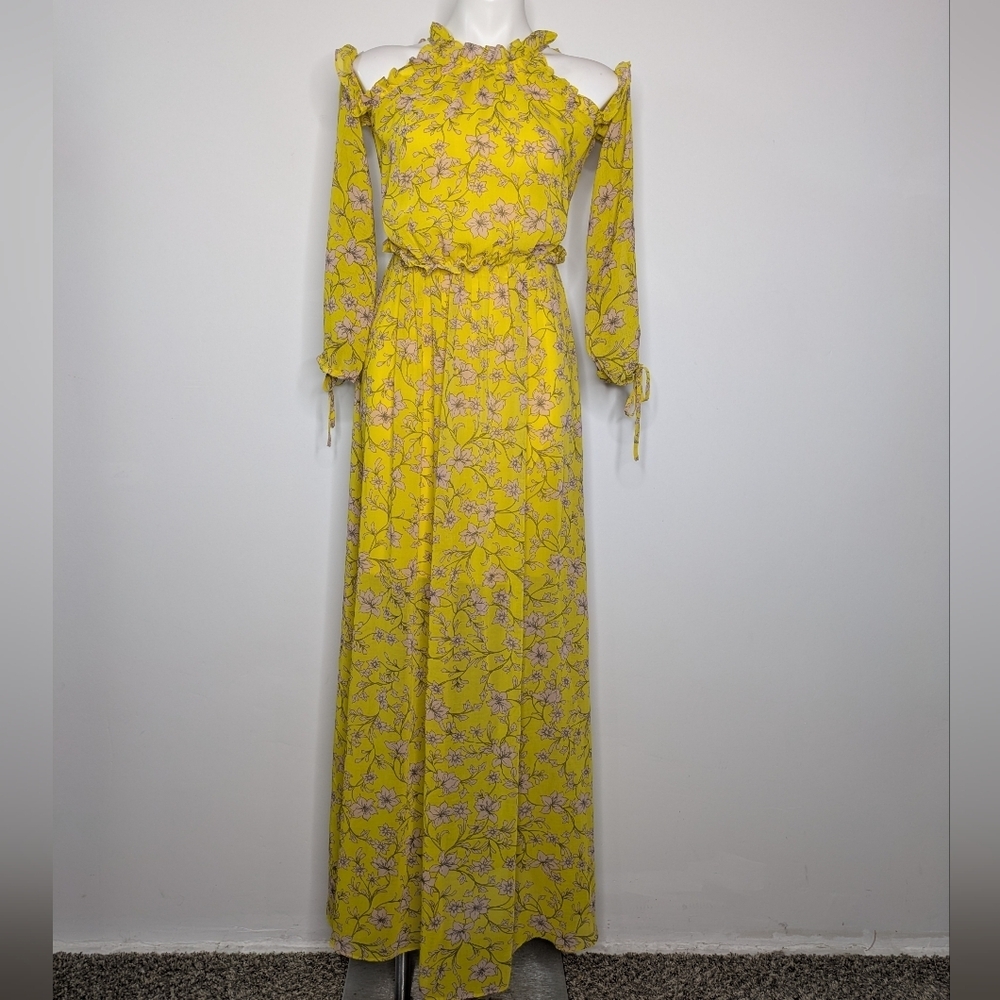 Avec Lea Filles Yellow Floral Cold Shoulder Ruffle Maxi Dress 4